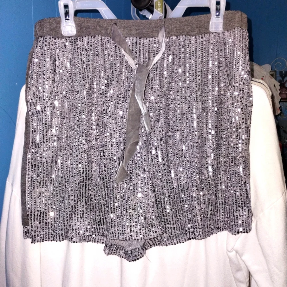 Silver Sequin Shorts with Ribbon Tie - Picture 3 of 5